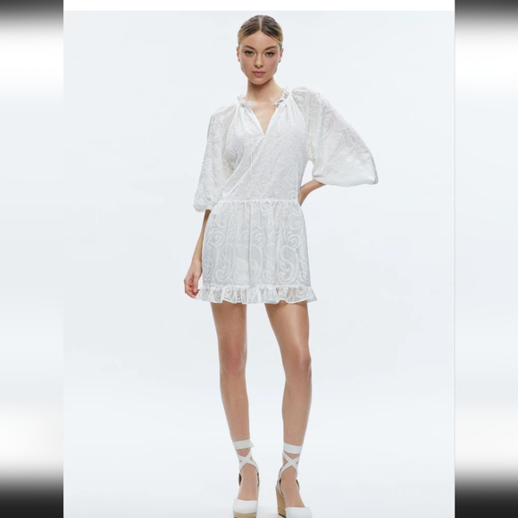 ALICE+OLIVIA Sherrie Gathered 3/4 Sleeves Mini Dress. Off White. Size L - Picture 2 of 16